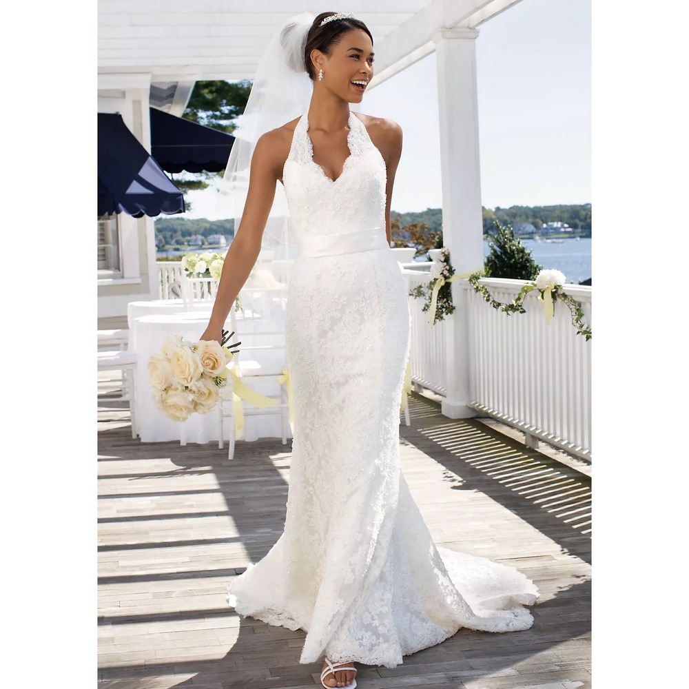 David's Bridal Halter Wedding Dress Sz 4 Ivory Beaded Lace Style T9512 EUC